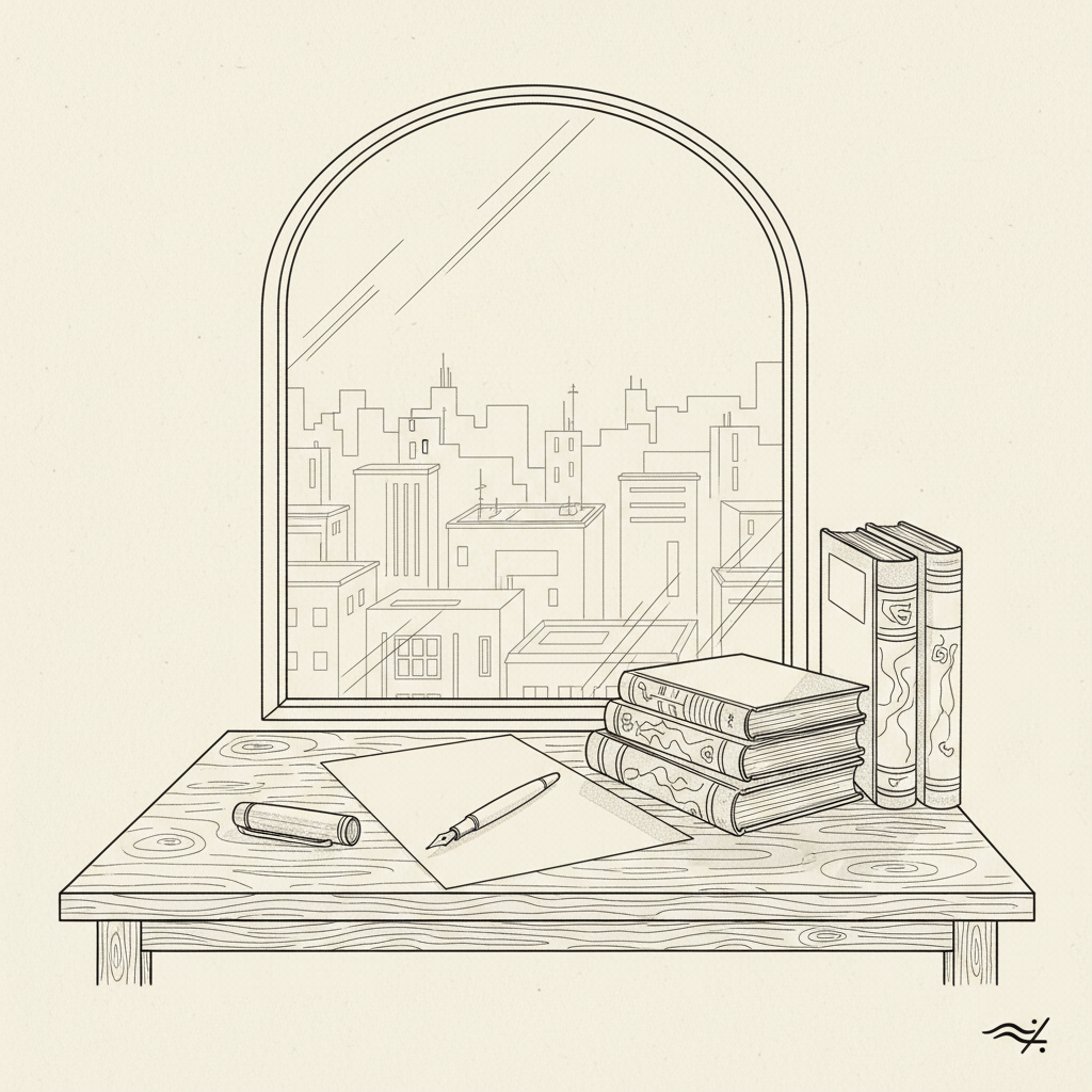 A detailed line-art drawing of a tidy writing corner: a simple wooden table with a single fountain pen resting diagonally across a blank sheet, beside a stack of well-thumbed books labeled only with abstract lines. Behind them, a large window suggests a distant city rooftop line, sketched with thin, understated strokes. Morning light streams in, rendered as soft diagonal hatching, giving a quiet, thoughtful atmosphere. The viewpoint is slightly elevated, capturing the whole tabletop and a portion of the window, with a balanced, asymmetrical composition. The style is elegant, minimalist line-art with fine textures in the wood grain and book spines, symbolizing the reflective, bilingual exploration of AI’s limits without showing any machines or human figures.