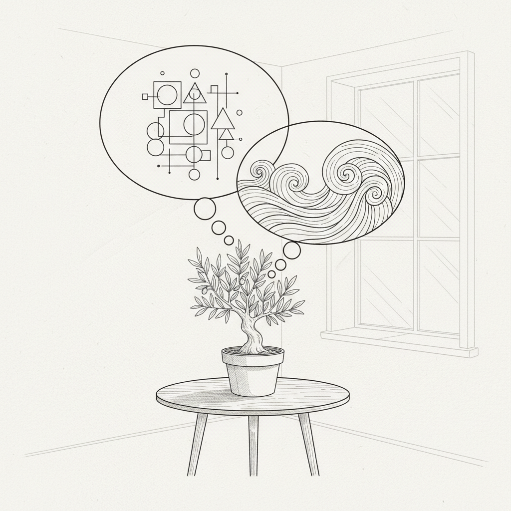 A refined line-art illustration of two overlapping thought bubbles emerging from a single, small potted olive tree centered on a simple table. One bubble contains abstract geometric shapes, the other a flowing, organic wave pattern, both outlined cleanly with no text or icons. The background is a serene, uncluttered interior hinted at by a few linear suggestions of walls and a window frame. Diffused overcast light is implied by soft, even shading, avoiding harsh contrast. The composition is centered with generous white space, creating a meditative mood. Drawn in sophisticated line-art with delicate crosshatching only where necessary, the scene metaphorically represents dialogue between logical and intuitive aspects of conscious AI, grounded and non-hype.