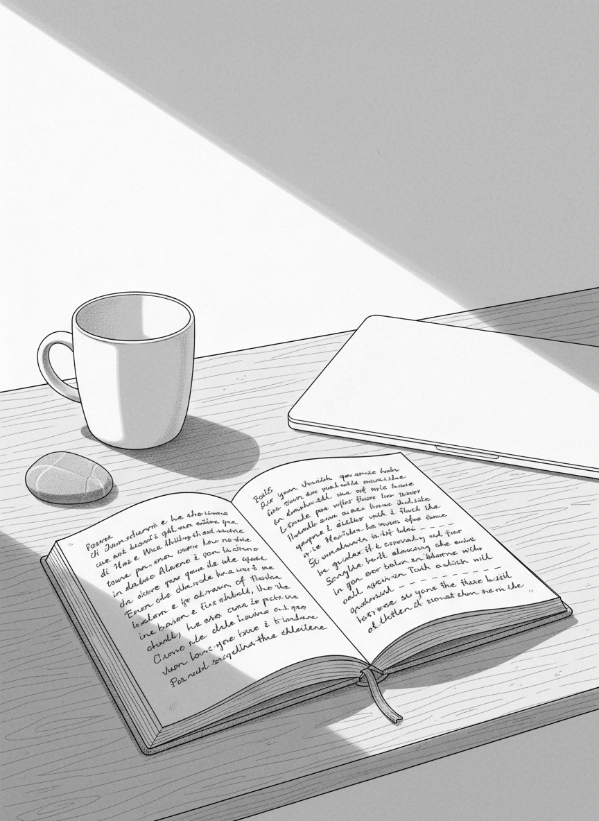 A meticulously drawn line-art illustration of an open hardcover notebook lying on a wooden desk, one page filled with neatly written Italian notes and the facing page in English, represented only by suggestive parallel lines, not legible text. Around it rest a simple ceramic mug, a smooth river stone, and a closed laptop rendered as a minimal rectangle with no logo or screen. Soft afternoon light falls from an unseen window to the left, casting gentle, elongated shadows and creating a calm, contemplative mood. The composition is eye-level, framed using the rule of thirds, with clean, spacious negative space. The style is sophisticated, minimalist line-art with subtle, selective shading to suggest depth without any technology clichés, evoking honest reflection about conscious AI.