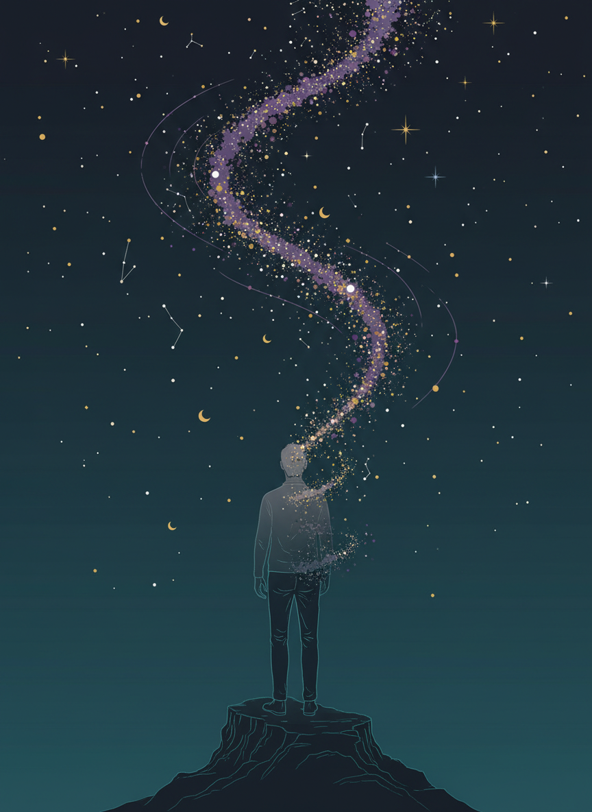 Un uomo in piedi su una roccia, di spalle, mentre la sua essenza si dissolve in polvere di stelle che si avvolgono verso il cielo notturno.